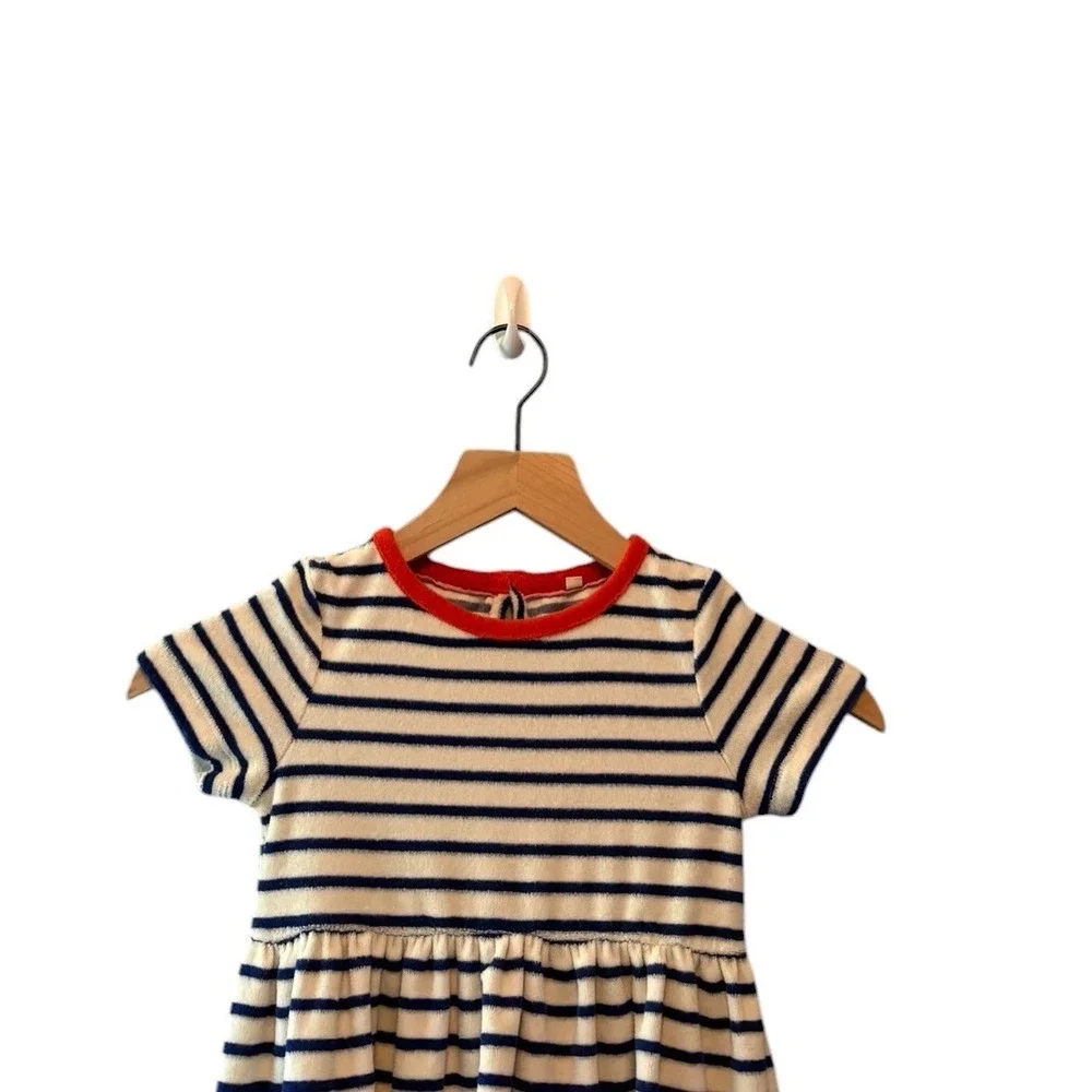 Mini Boden Kids Navy White Striped Terry Cloth Dress Red Ringer Neck 4-5Y G4671